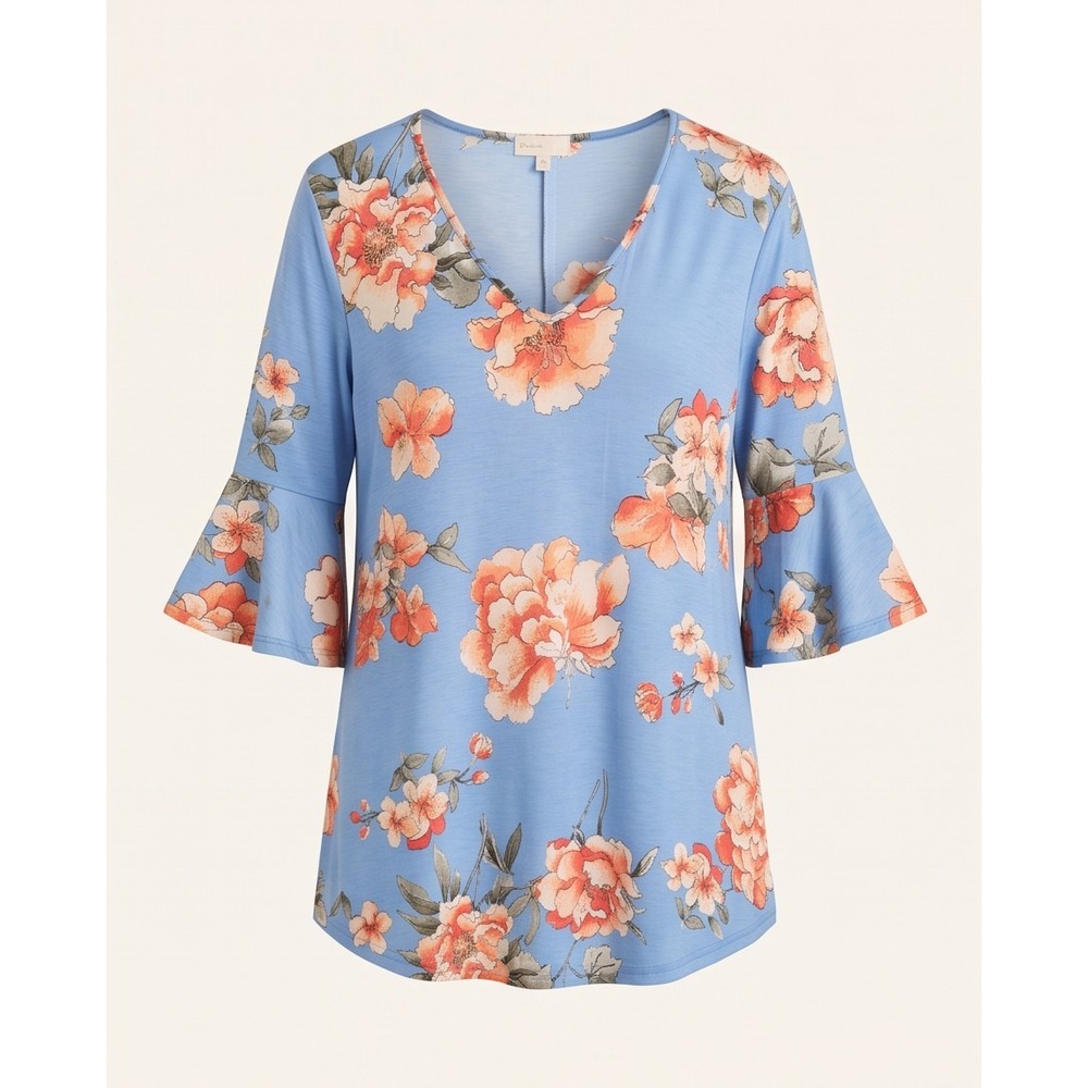 Perfect Womens Blue Orange Floral Tunic Blouse Ruffle 3/4 Sleeve XL